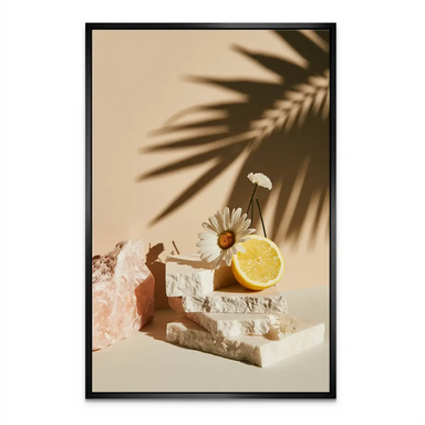 Neutral palette wall art with creams, pinks, and a pop of yellow lemon