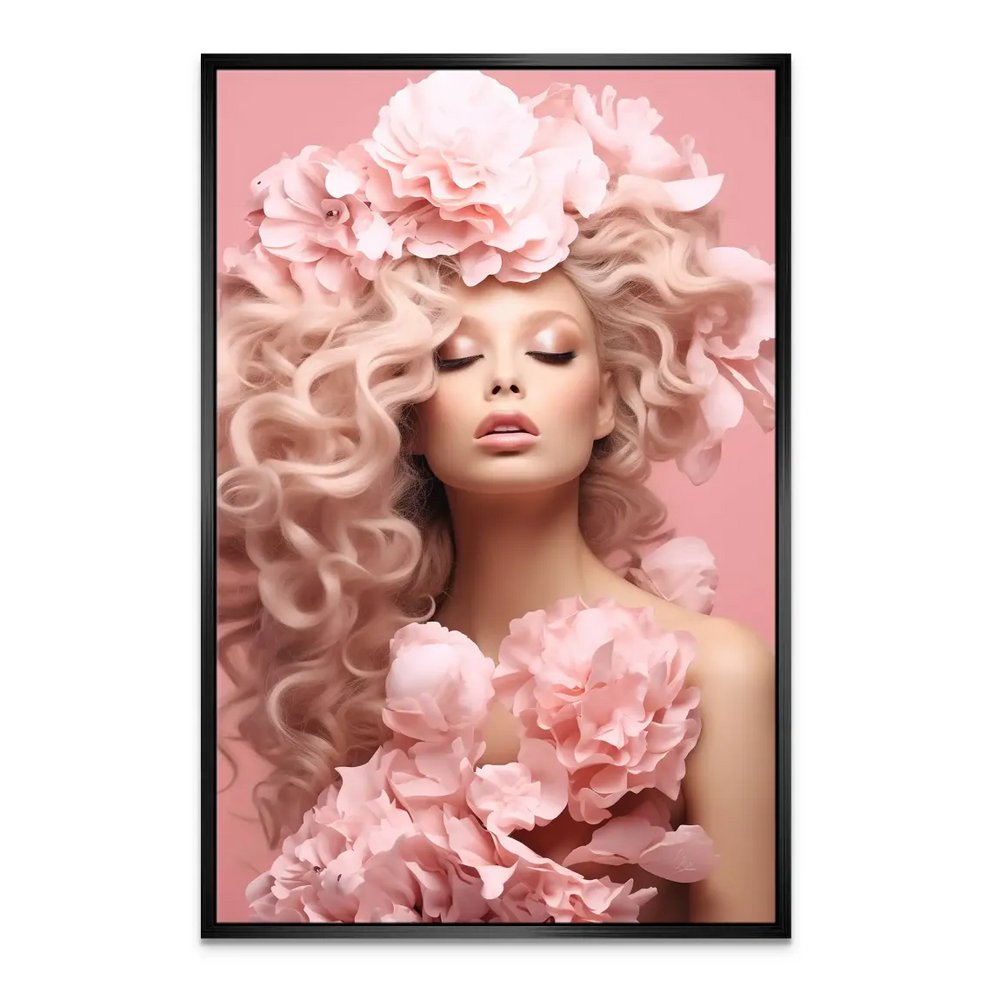 Luxurious canvas wall art of a pink-flowered portrait with a tranquil, feminine mood