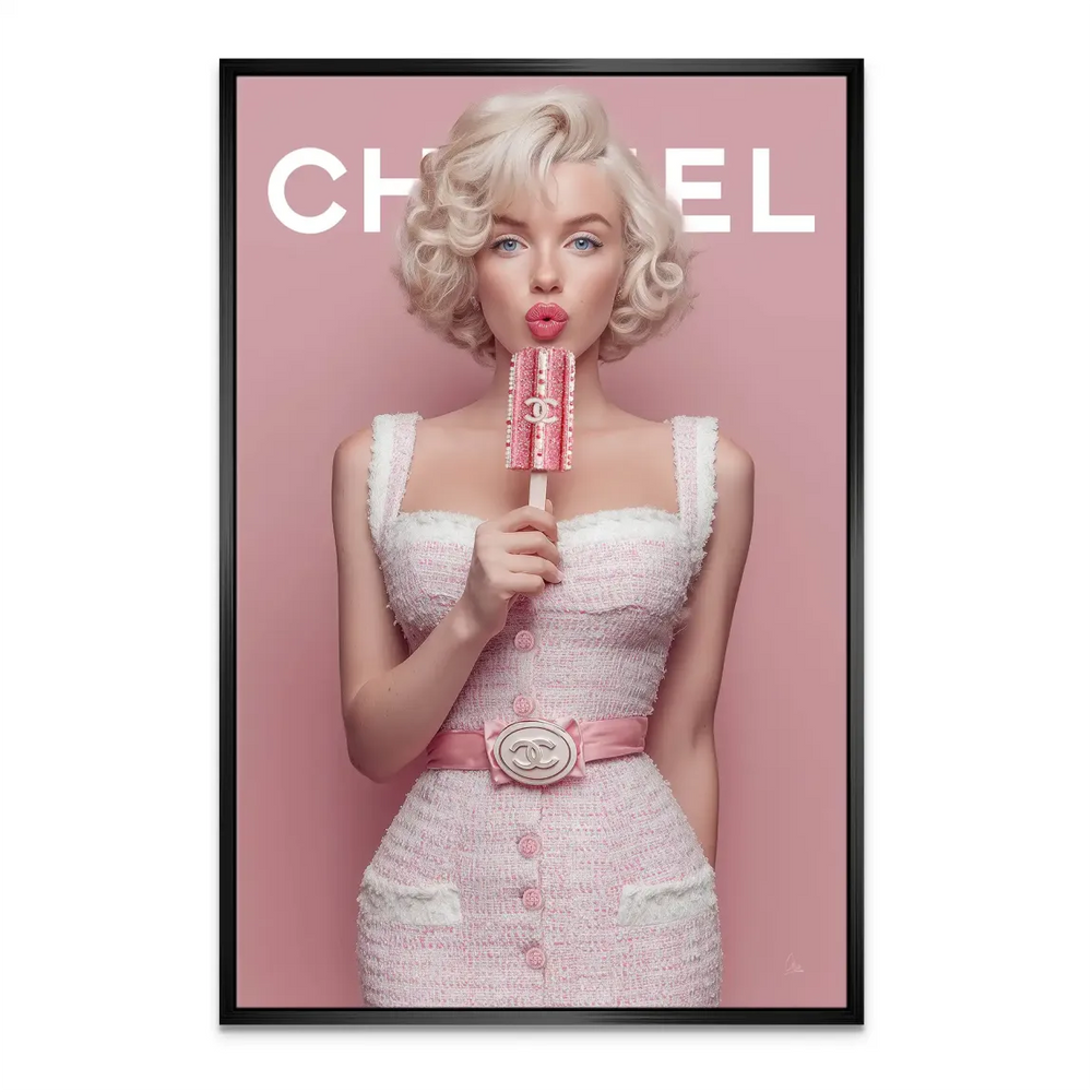 Pink popsicle accessory as a playful prop in a glamorous portrait.
