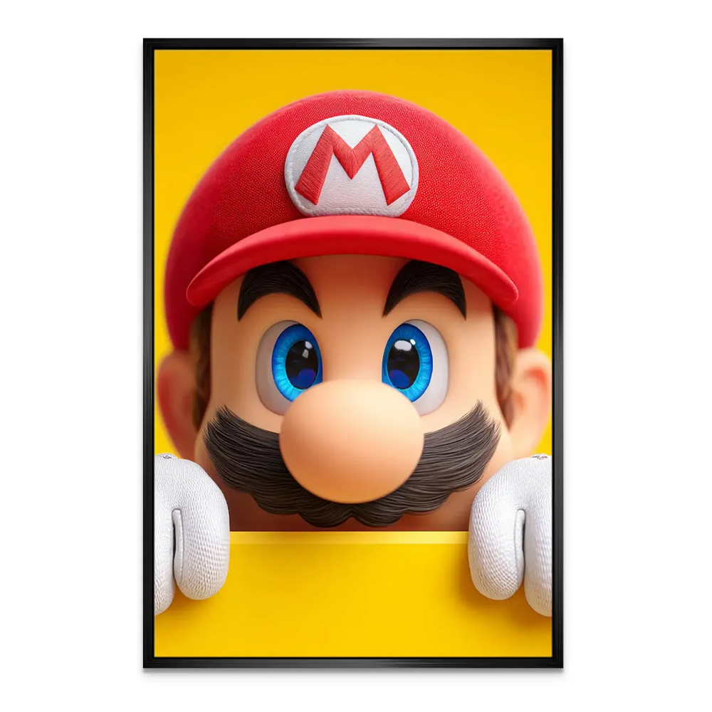 Bright yellow and red hues with Mario's blue eyes in a canvas wall art