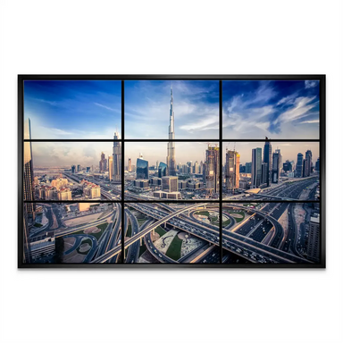 Golden-hour glow bathes Dubai's skyline, emphasizing sleek towers and urban depth.