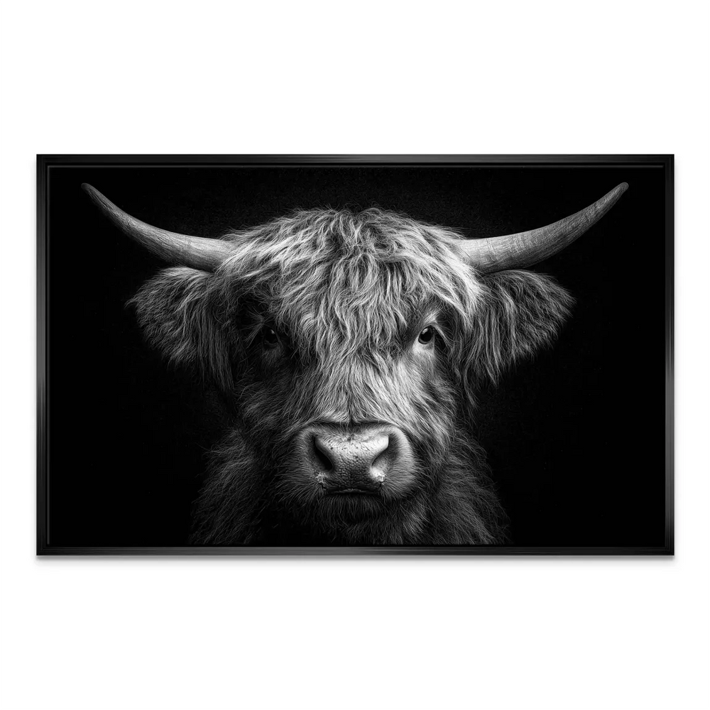 Elegant black-and-white Highland cow wall art for modern farmhouse decor
