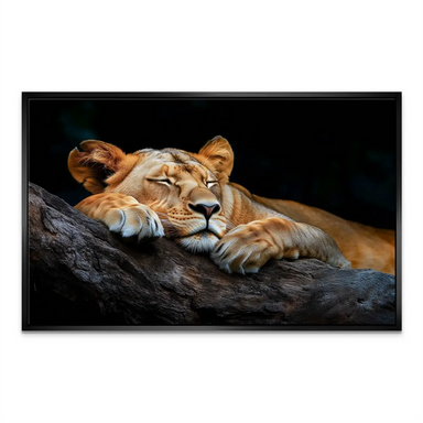 Wildlife artwork featuring a calm lioness on a branch with amber fur.