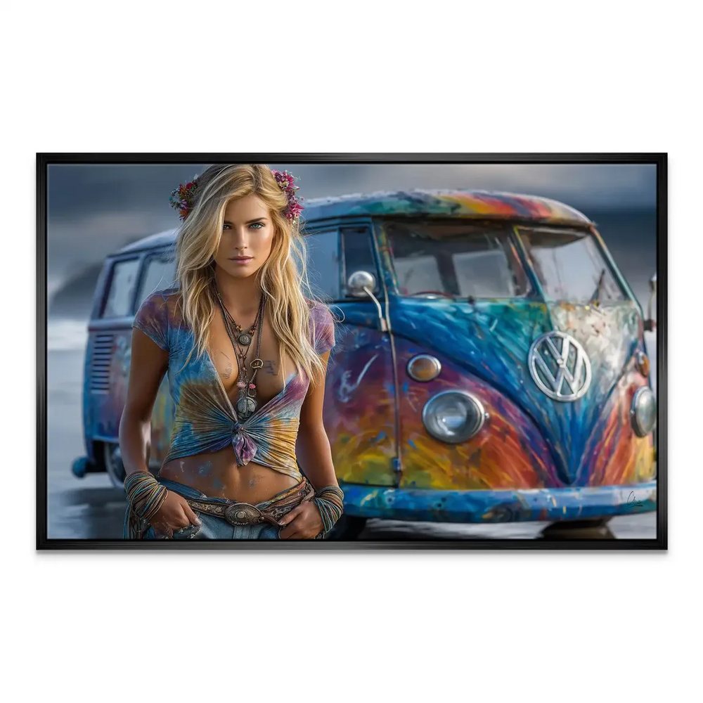 Vibrant, vintage-inspired wall art with pop graffiti and bold color palette.