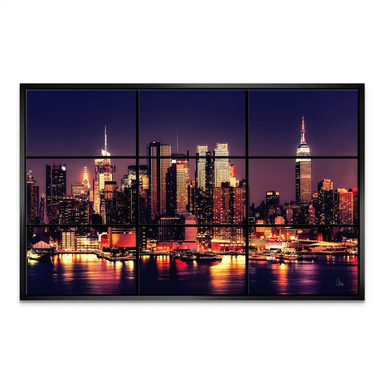 Black-framed multi-panel skyline canvas creating a window view