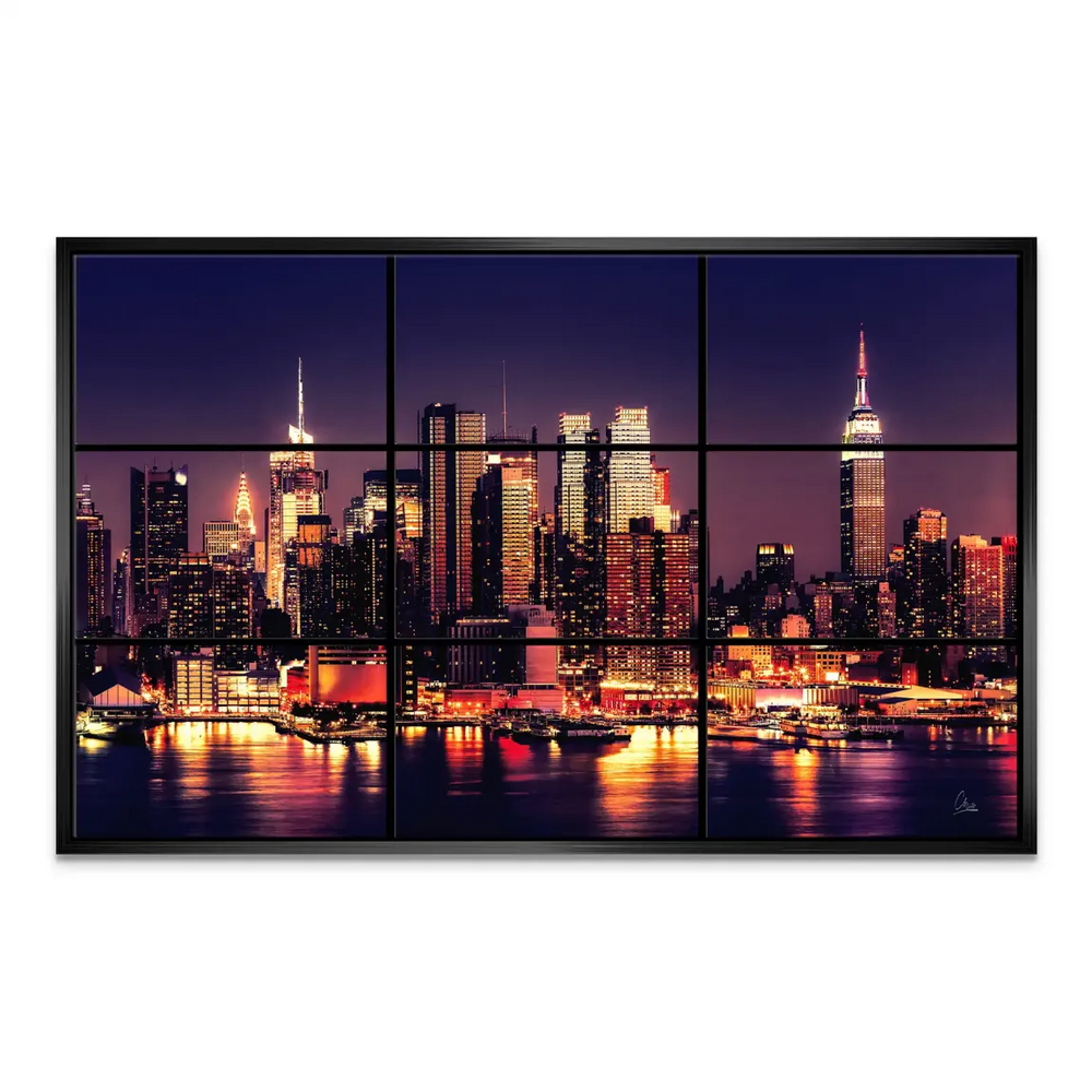 Black-framed multi-panel skyline canvas creating a window view
