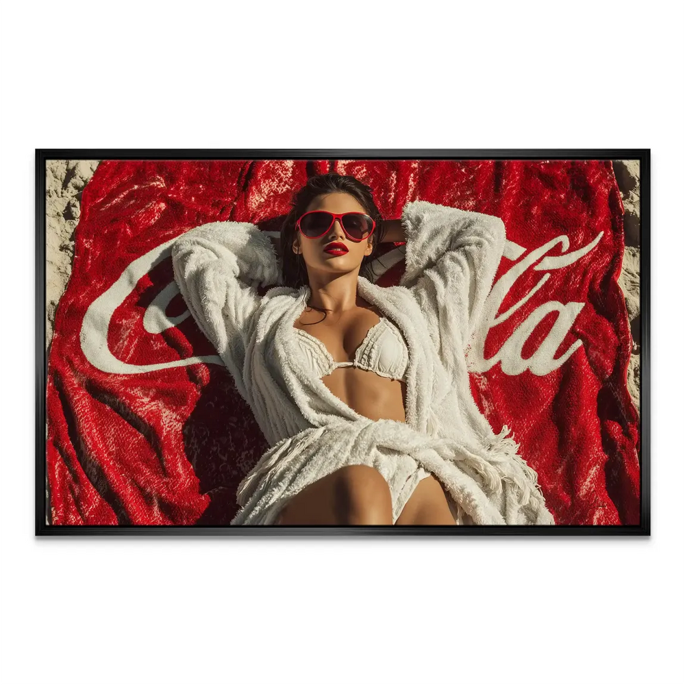 High-contrast Pop Art beach scene highlighting the Coca-Cola towel and sandy backdrop.