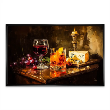 Traditional still life painting aesthetic with warm reds, oranges, and browns.