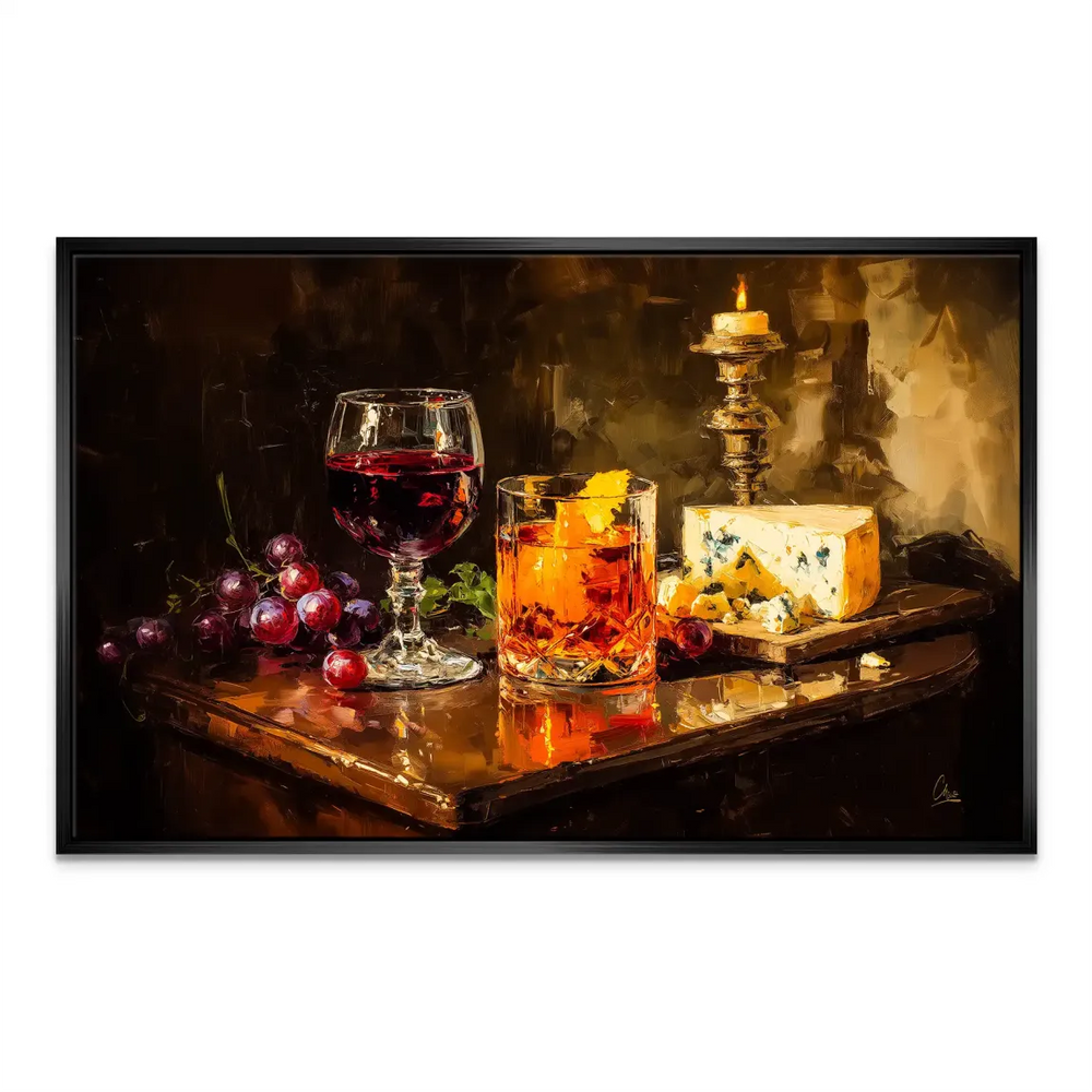 Traditional still life painting aesthetic with warm reds, oranges, and browns.