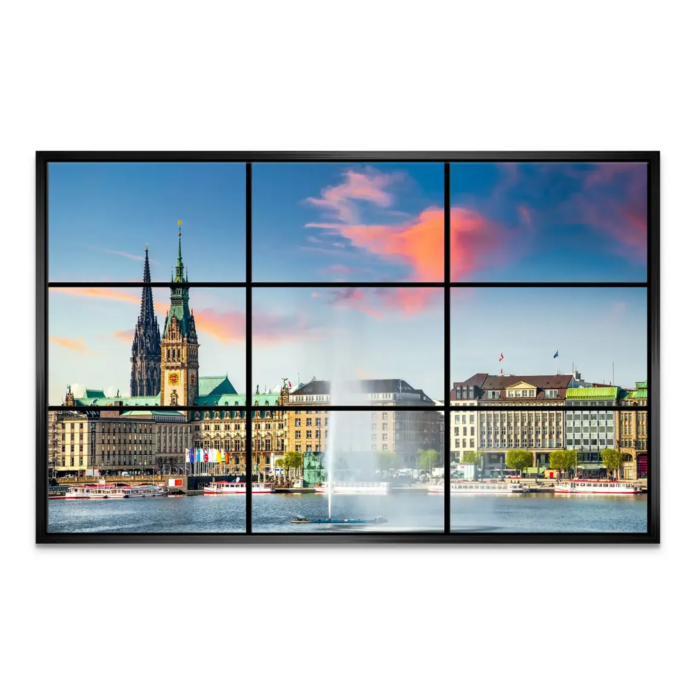 Evening panorama of Hamburg rooftops and landmarks bathed in golden hour light