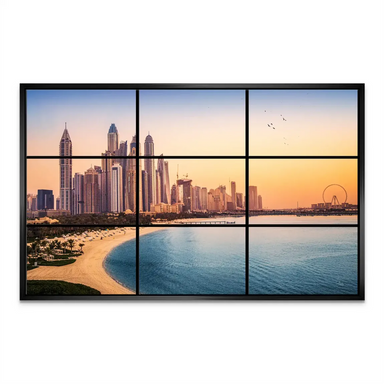 Panel 5: Ain Dubai Ferris wheel on the horizon against a pink-tinged sunset