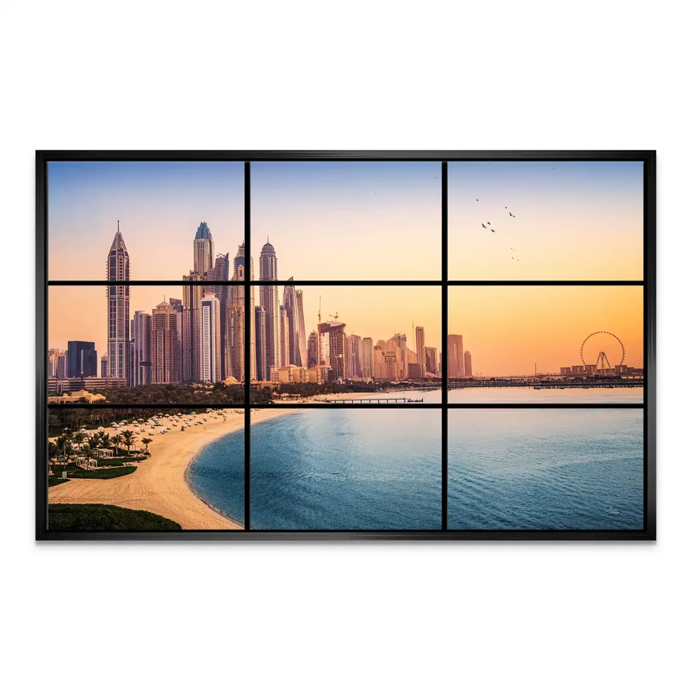 Panel 5: Ain Dubai Ferris wheel on the horizon against a pink-tinged sunset