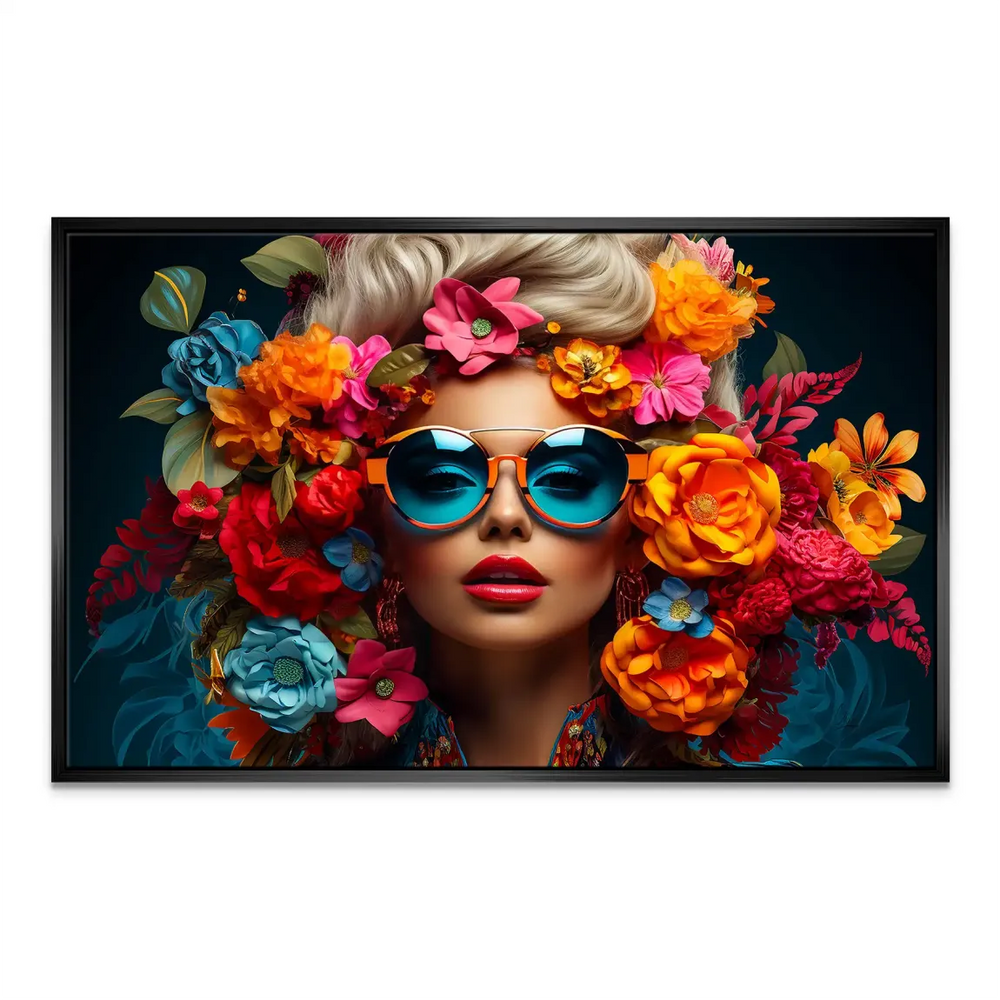 Fashion-inspired wall art featuring a floral crown and edgy, contemporary aesthetic in warm and cool tones.