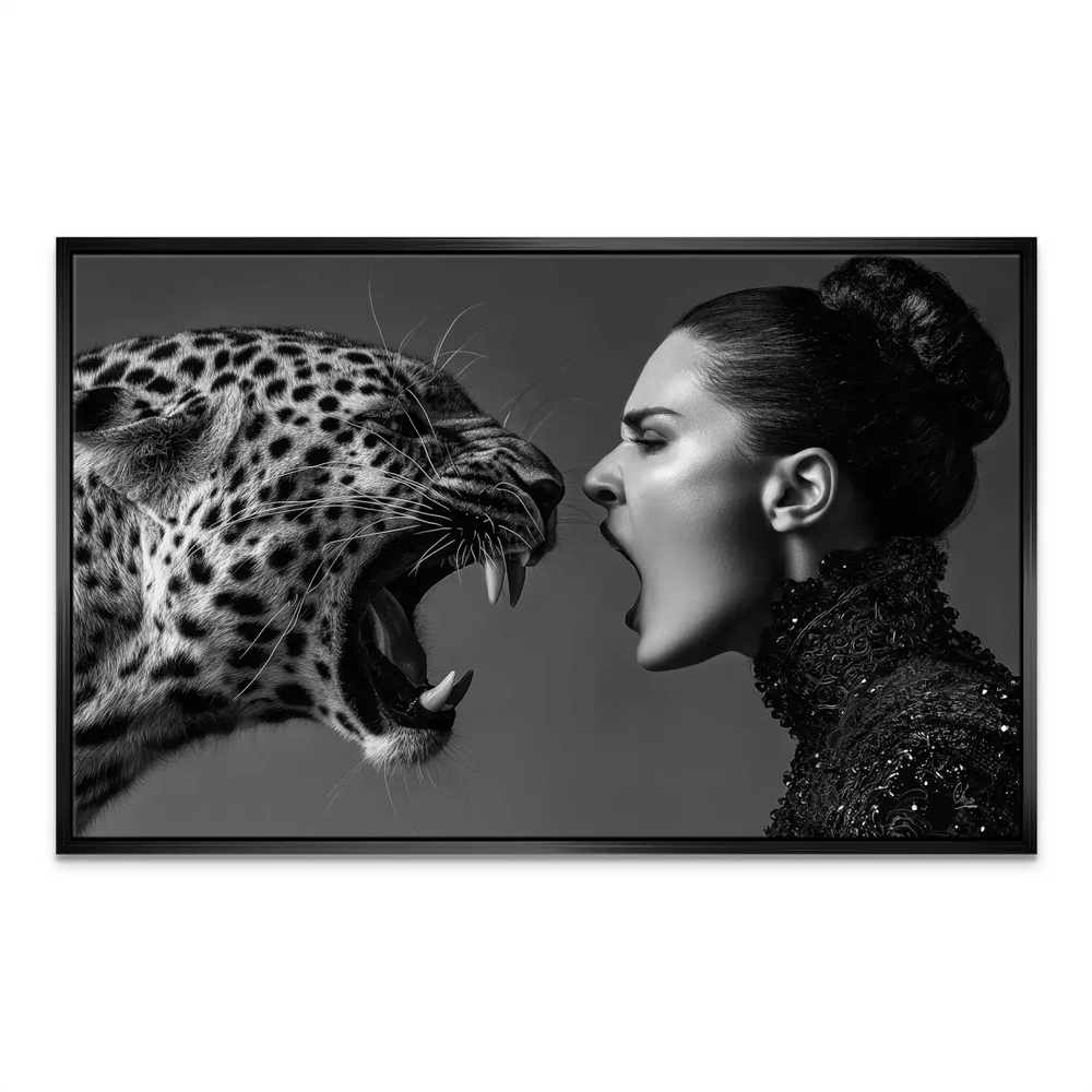 Modern interior wall art emphasizing strength and emotion in monochrome tones.