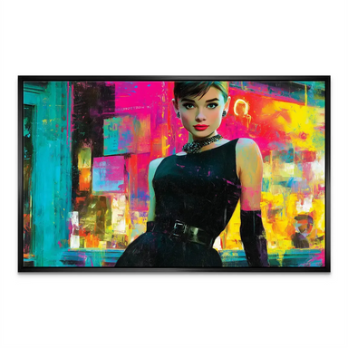 High-contrast, abstract color blocks framing the iconic figure on canvas.