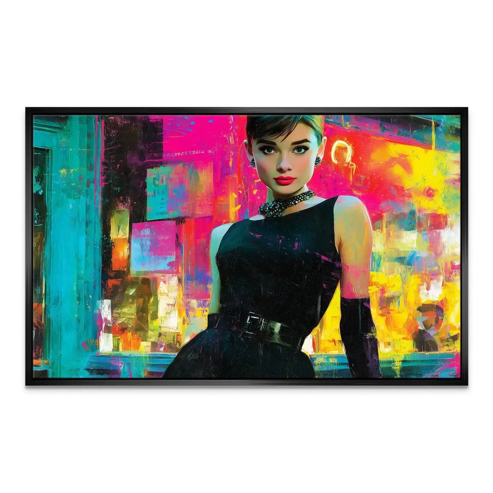 High-contrast, abstract color blocks framing the iconic figure on canvas.