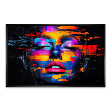Wide-format close-up of a woman's face in neon colors, creating a striking focal point.
