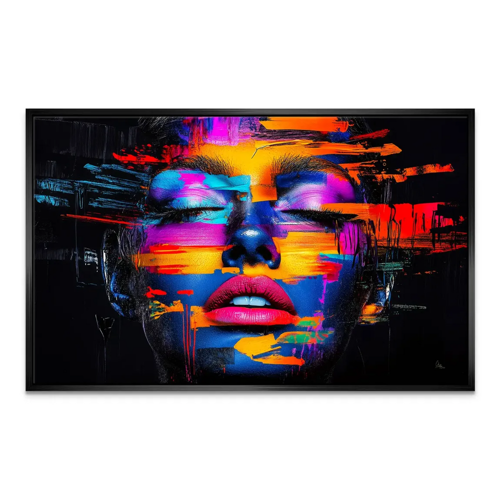 Wide-format close-up of a woman's face in neon colors, creating a striking focal point.