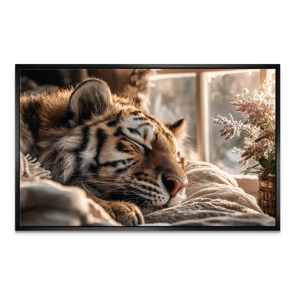 Angled composition focusing on the tiger's peaceful expression