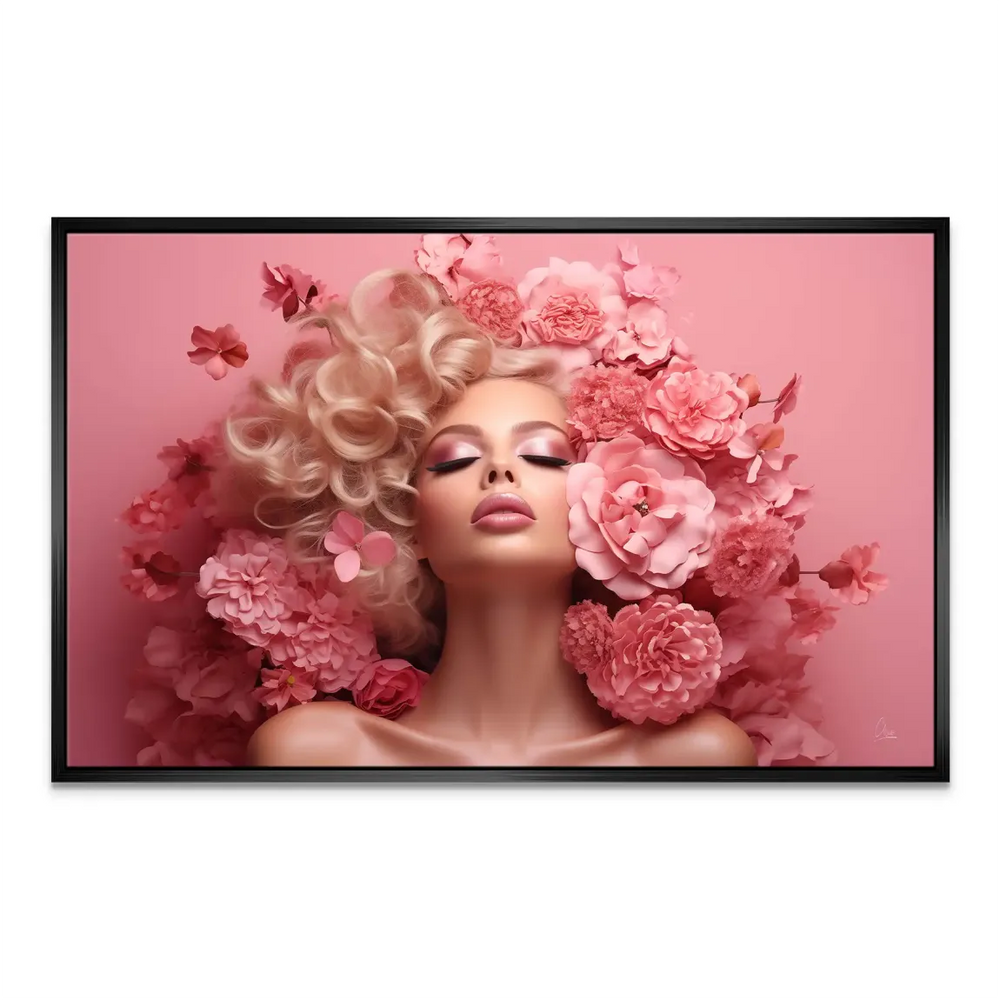 Soft pink palette with a feminine subject and abundant florals for a chic wall art display.