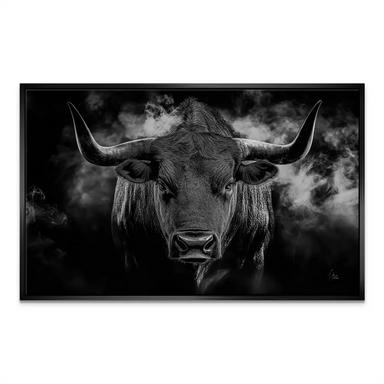 Contemporary animal wall art showing a commanding bull with intense gaze.