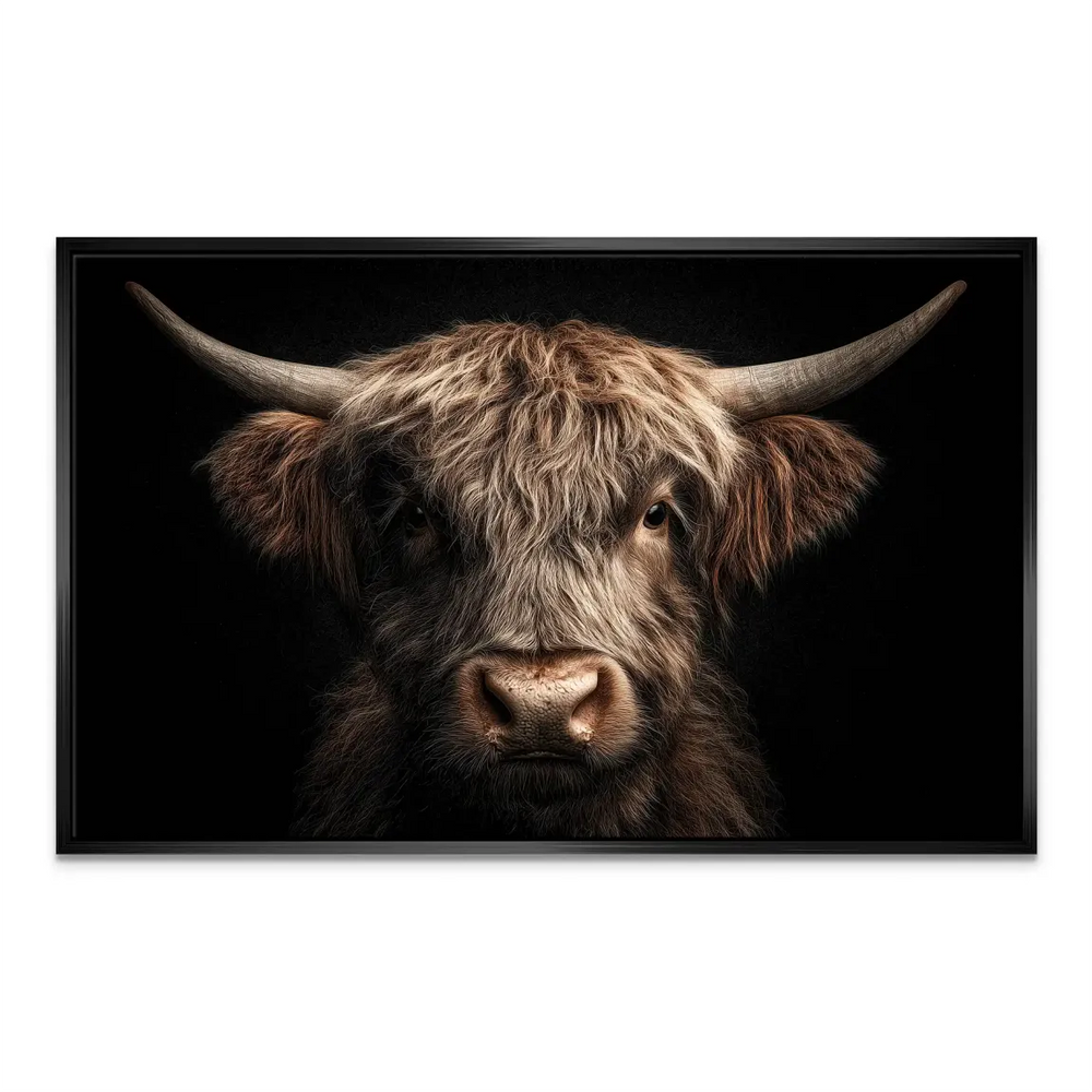 Wildlife wall art showing a Highland cattle against a dark backdrop