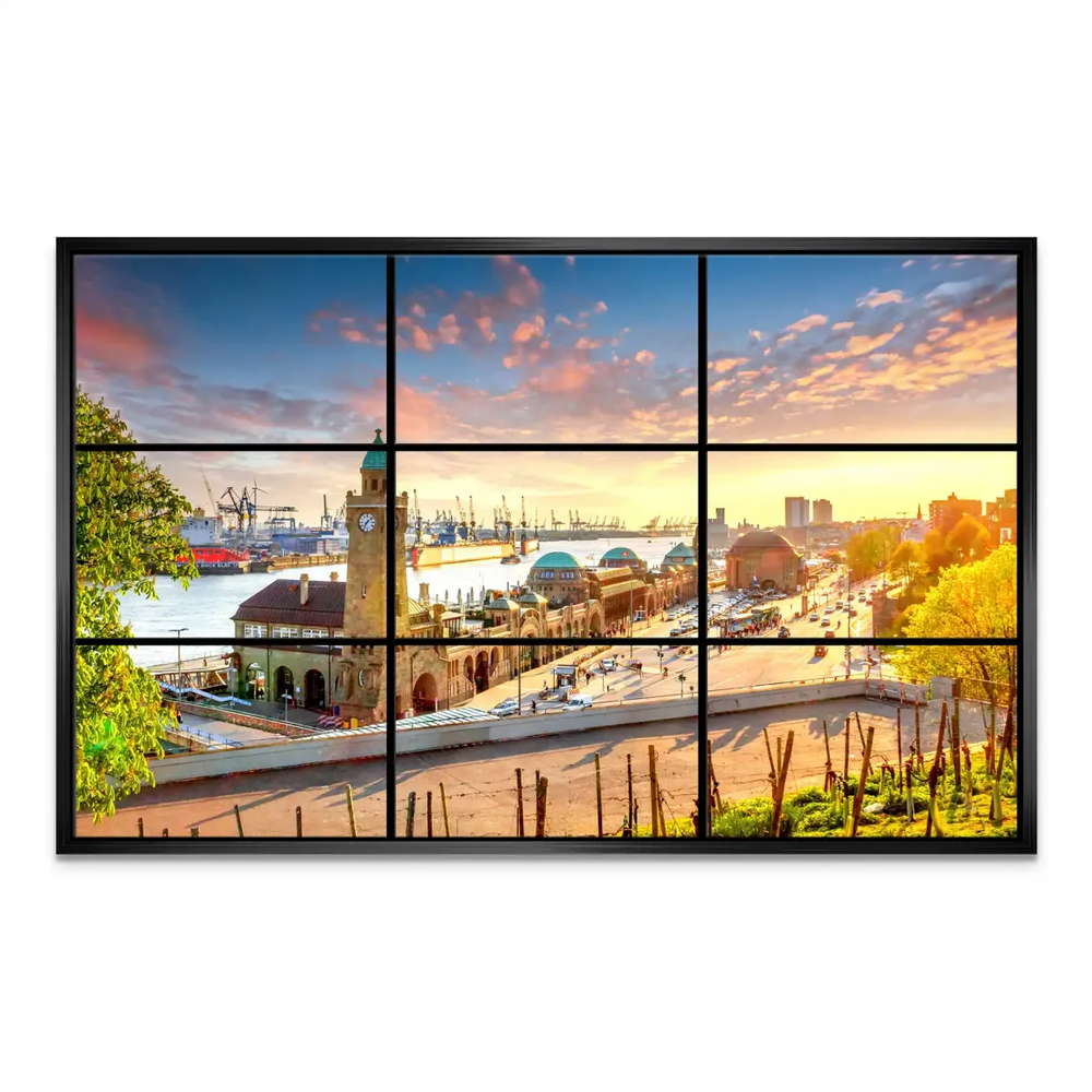 Orange and gold sunset hues over Hamburg cityscape canvas print with blue water.