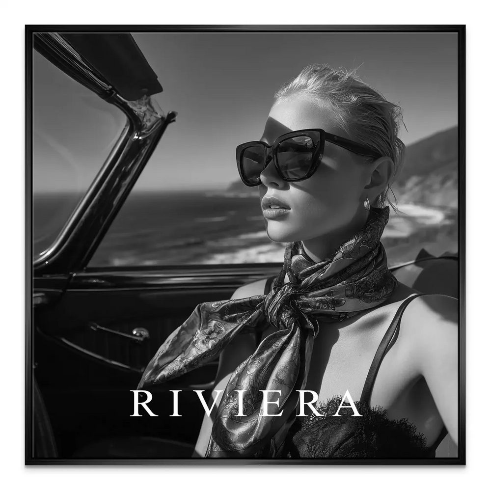 Minimalist contemporary interior decor idea featuring classic car and fashion photography