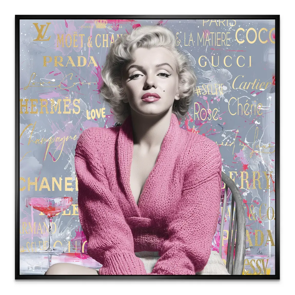 Bold fusion of vintage Hollywood glamour and contemporary graffiti in muted grey, gold, and pink tones.