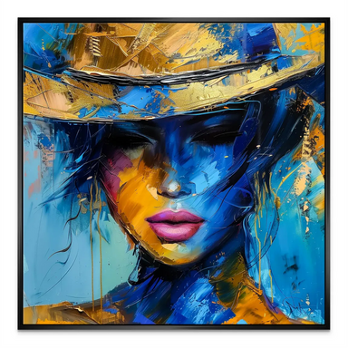 Contemporary wall art depicting a woman in a hat with a moody, vibrant color palette.