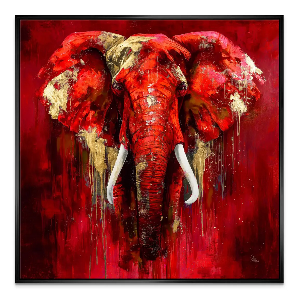 Abstract animal wall art featuring a red elephant on canvas