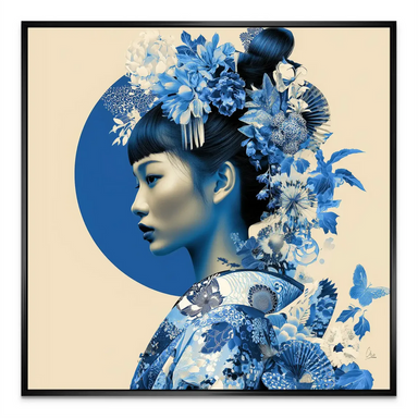 Modern geisha portrait in cobalt to sky blue hues on beige backdrop