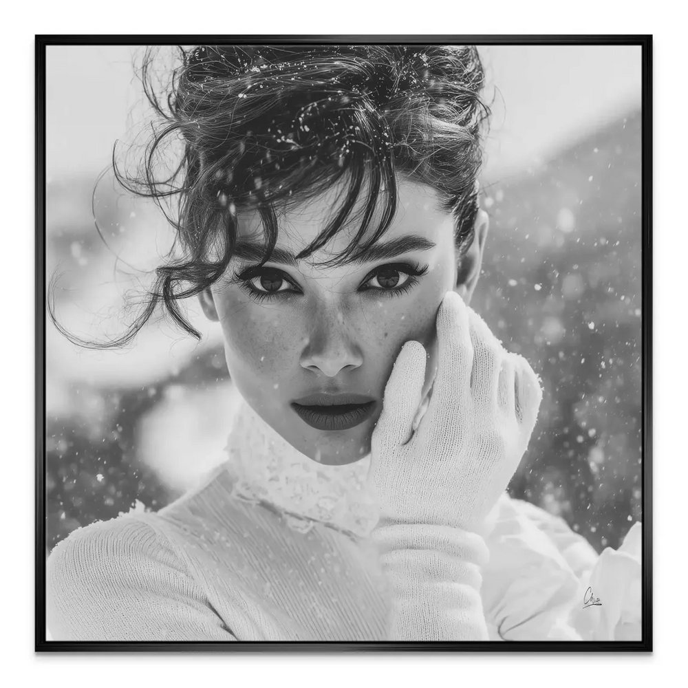 Vintage fashion wall art of a chic woman wearing a high-neck sweater in snow
