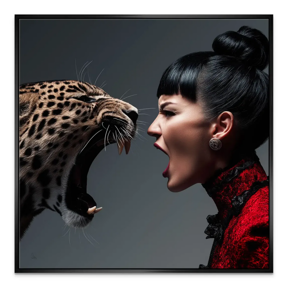 Square-format canvas wall art depicting a fierce encounter between animal and human