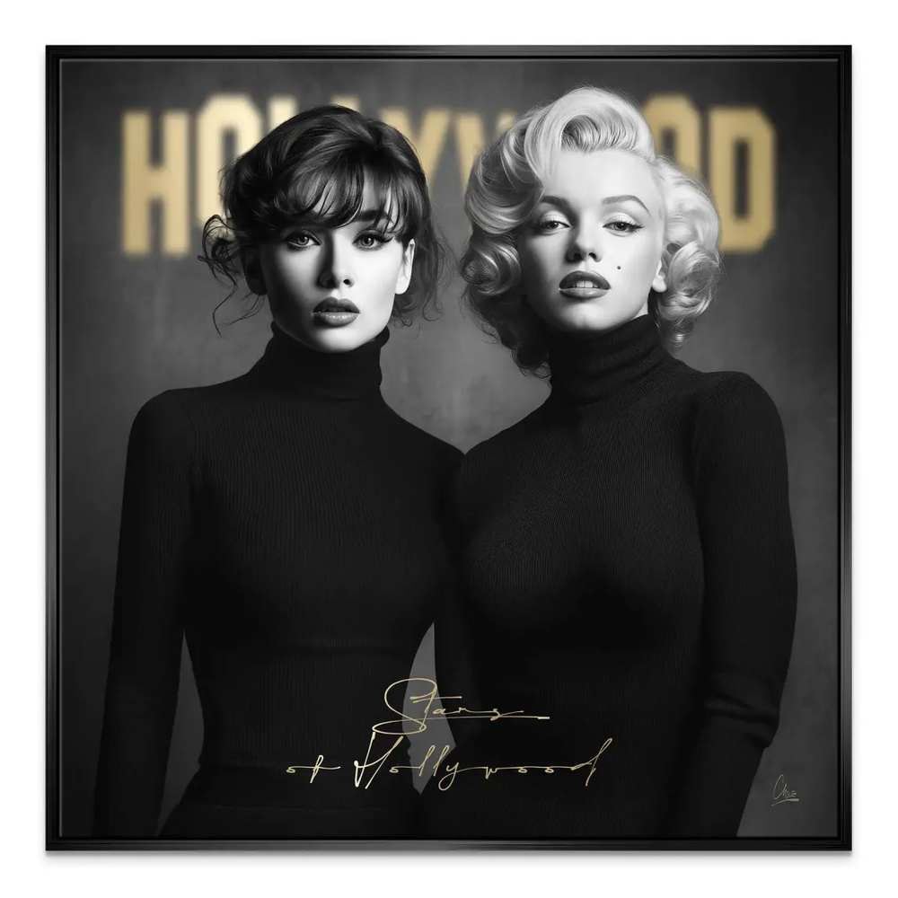 Square canvas wall art with high-contrast portraits and gold embellishments.