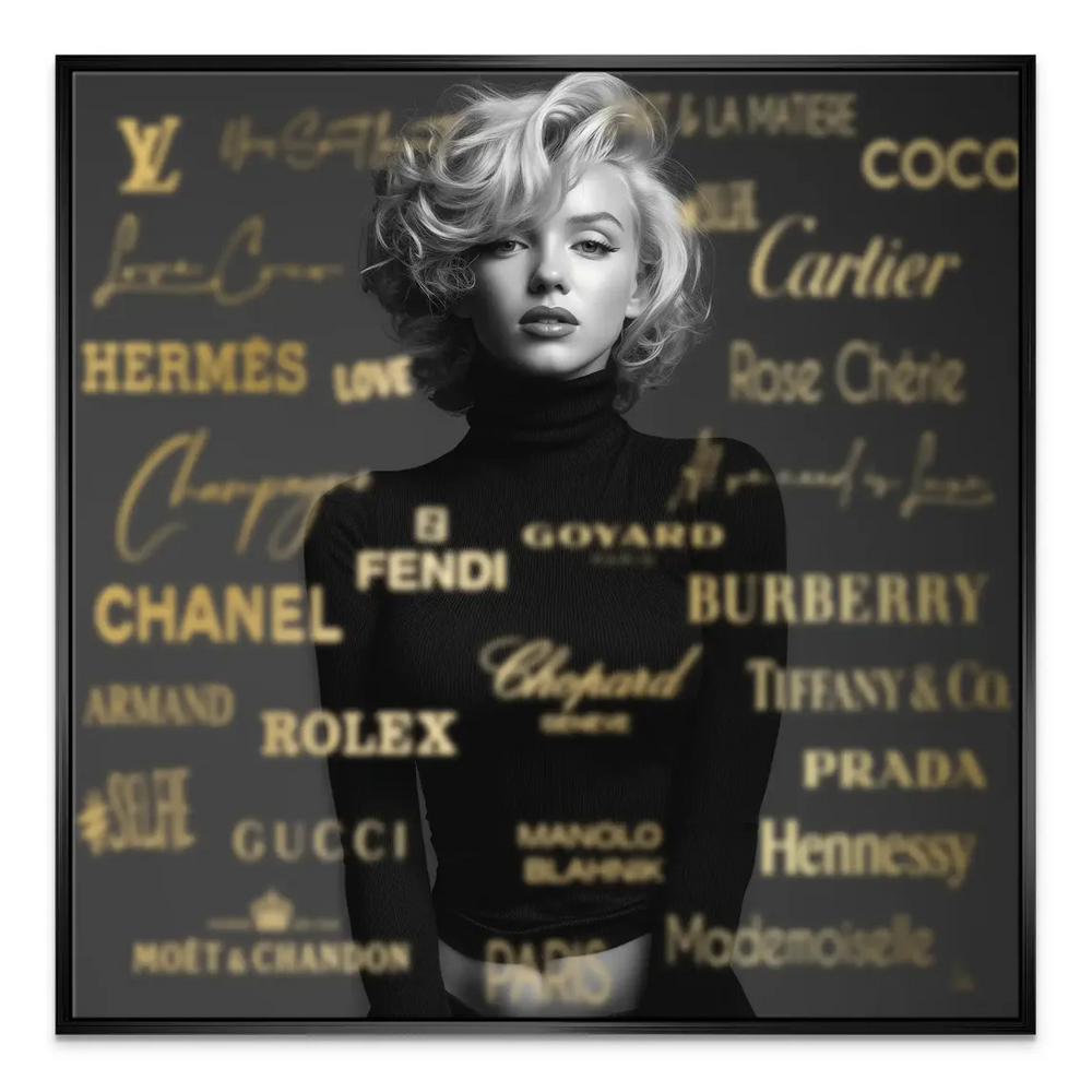 Contemporary portrait canvas blending vintage glamour with blurred gold logos for an upscale look.