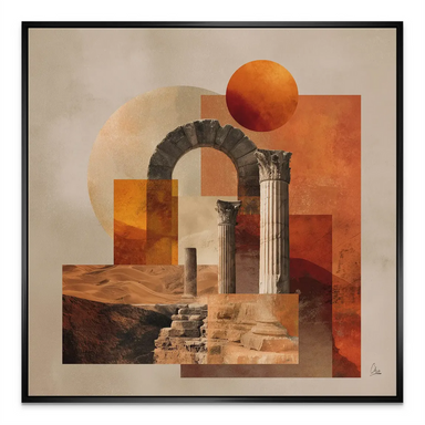Warm terracotta, sand, and beige palette in a collage-style architectural landscape