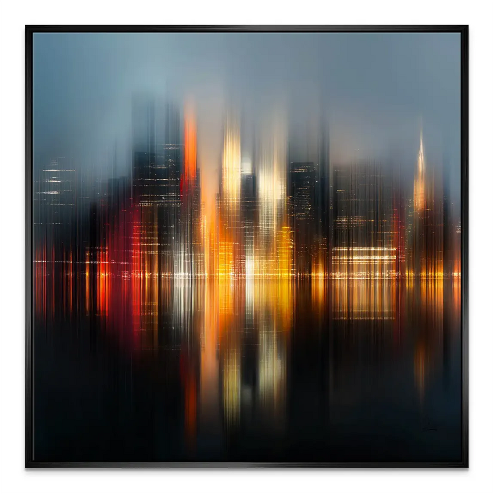 Contemporary cityscape wall art capturing nocturnal skyline and shimmering reflections