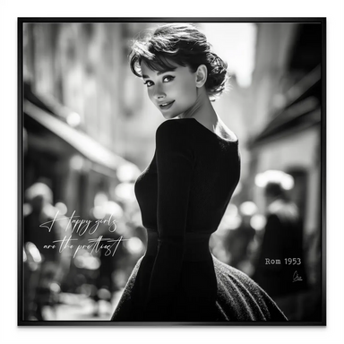 City backdrop with Audrey Hepburn portrait, mid-century style