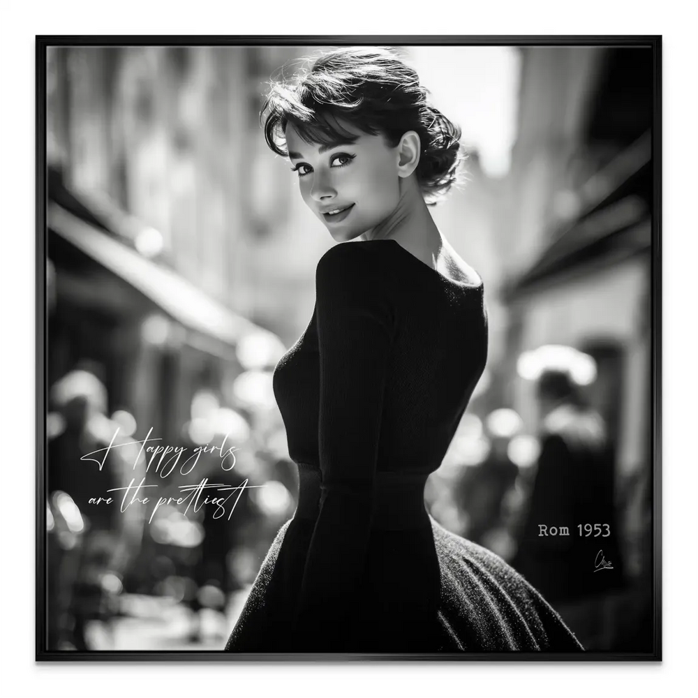 City backdrop with Audrey Hepburn portrait, mid-century style