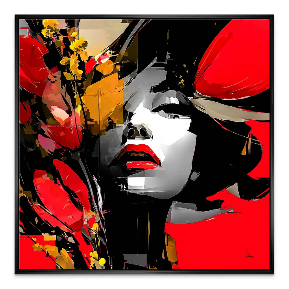Elegant wall art combining portrait and floral abstraction in bold colors.