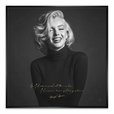 Iconic celebrity wall art of Marilyn Monroe in monochrome with handwritten quote.