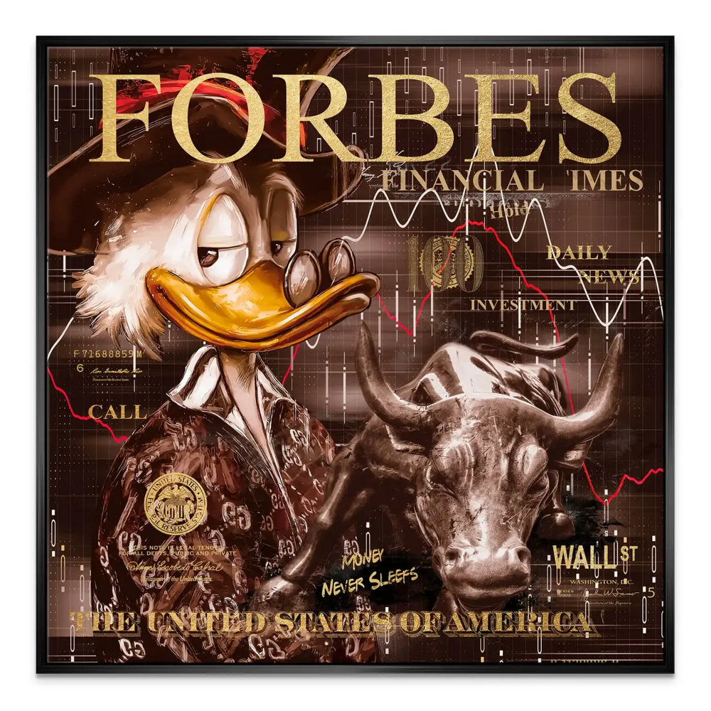 Cartoon character meets finance culture in a bold modern vintage artwork