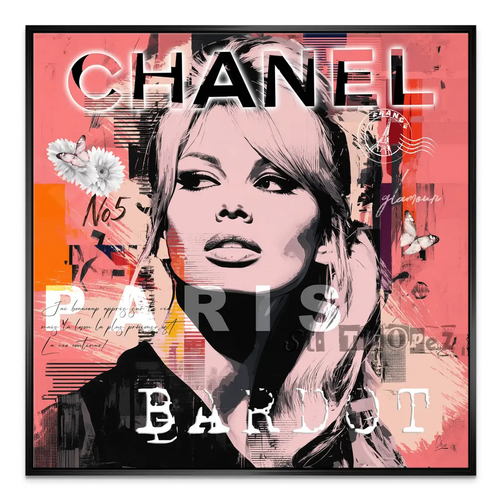 Paris city vibe with Bardot portrait and Chanel text on a vibrant canvas