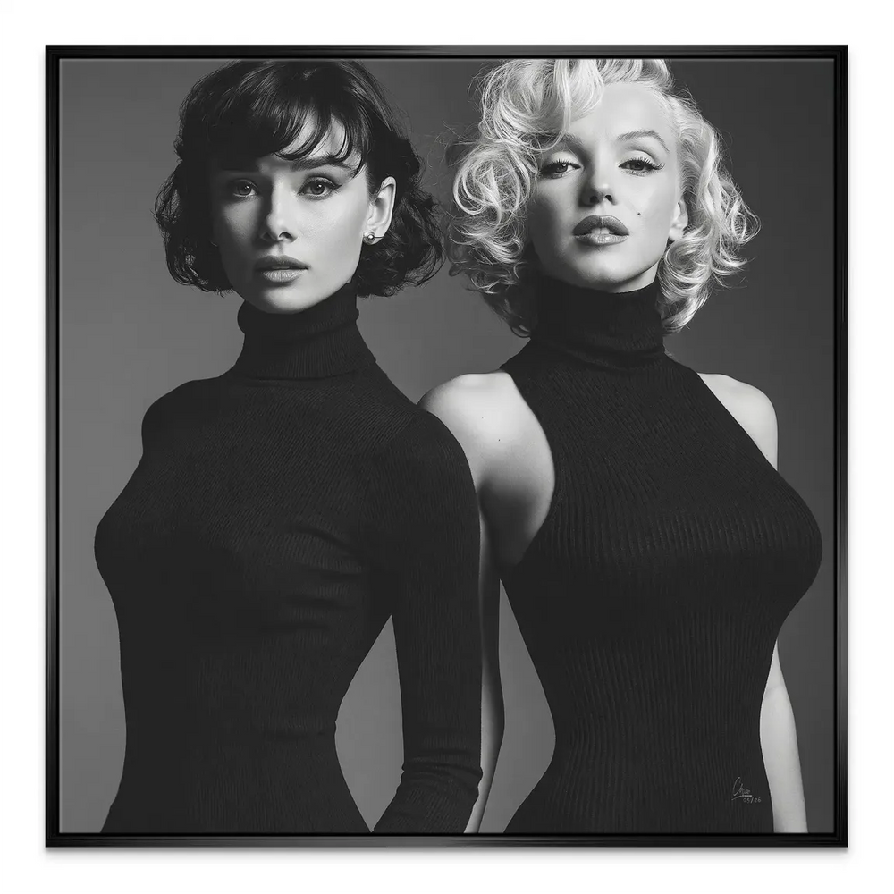 Celebrity art print featuring Audrey Hepburn and Marilyn Monroe for display.