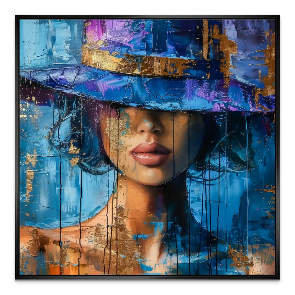 Vivid blue abstract canvas with a mysterious female silhouette and stylish hat