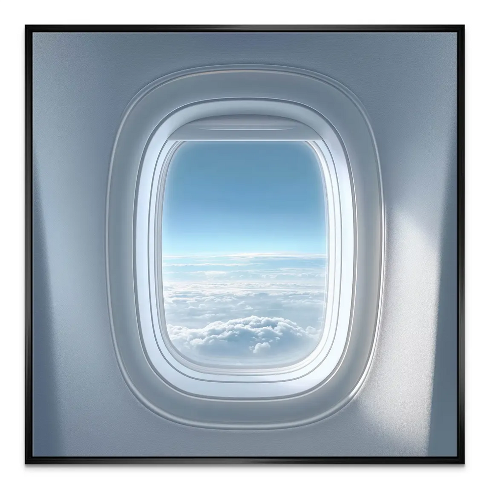 Soft blue, white, and grey palette in a window-framed sky scene for contemporary spaces.