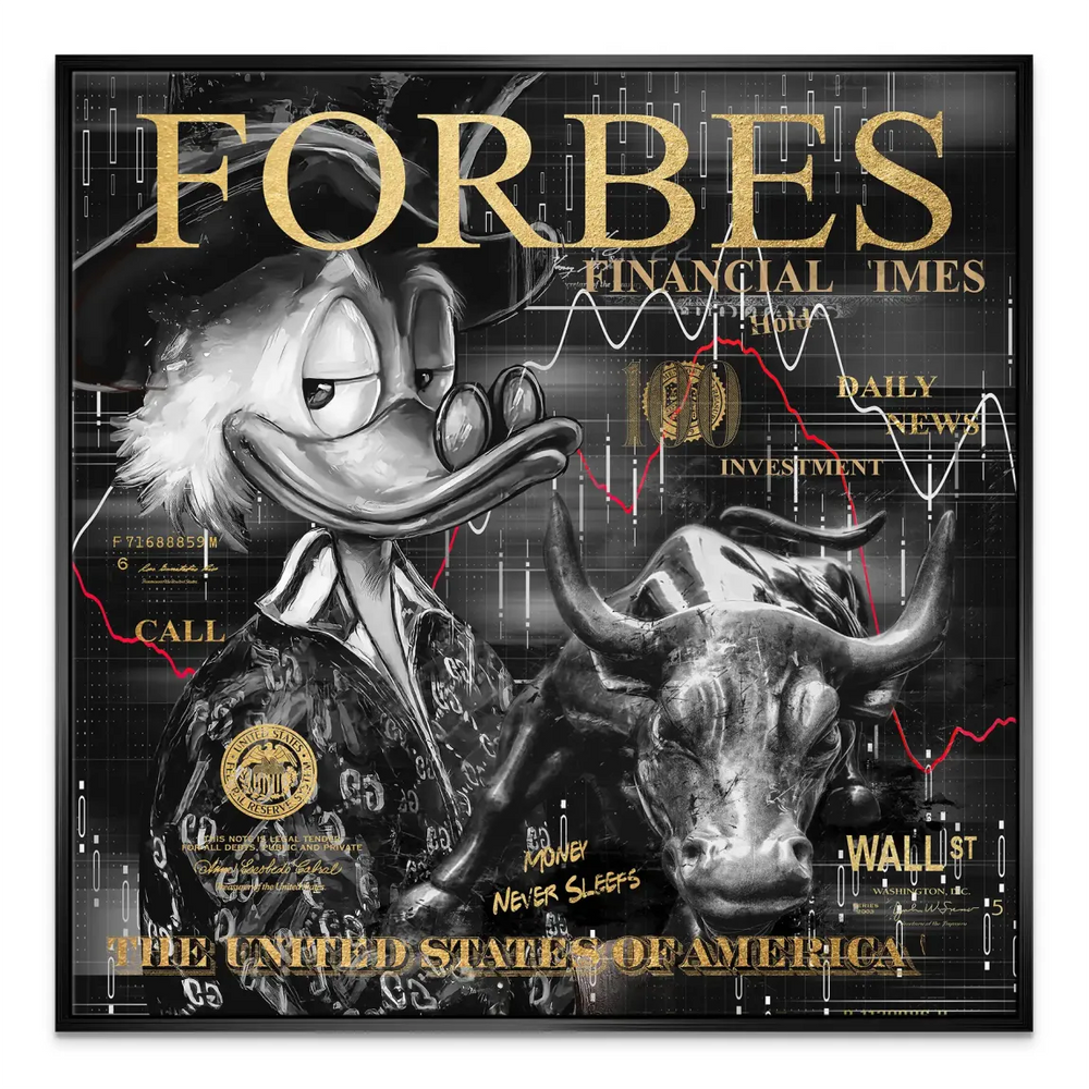 Square-format canvas print with high-contrast black and white and metallic gold accents