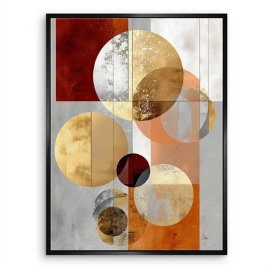 Warm orange and reddish-brown accents balance cool greys in a modern geometric arrangement