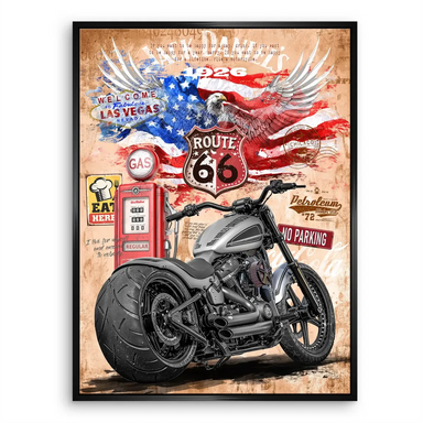 Industrial-style living room decor with motorcycle-themed wall art